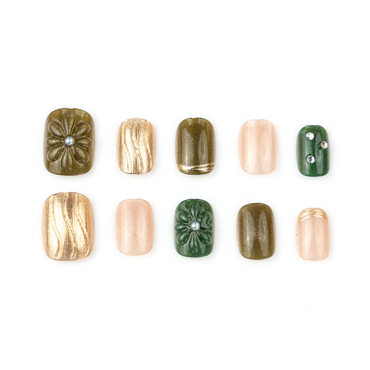 Nature's Elegance Short Square Green and Gold Floral Press On Nail Set