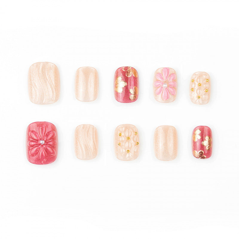 Blossom Radiance Short Square Soft Peach with Floral Accents Press on Nail Set