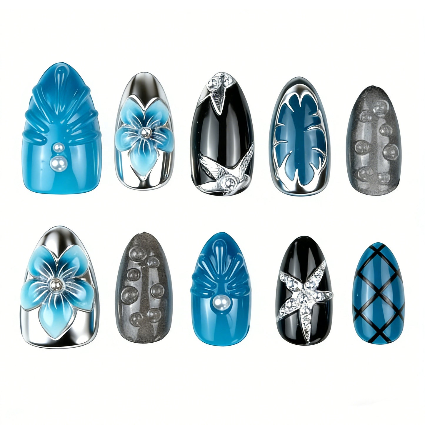 Ocean Breeze Medium Almond Blue with Floral Accents Press On Nail Set
