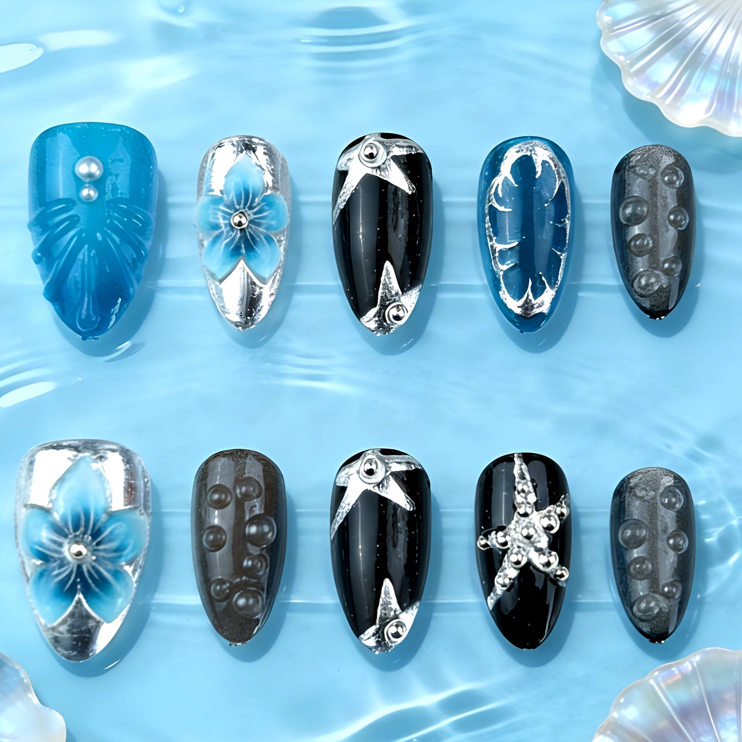 Underwater Oasis Medium Stiletto Blue with Floral Design Press on Nail Set