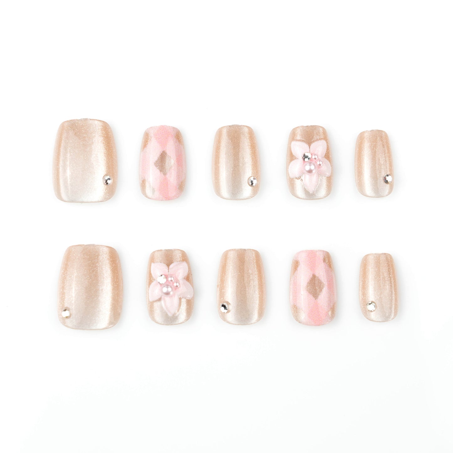 Elegant Garden Short Square Blush Pink with Floral Accents Press-On Nail Set