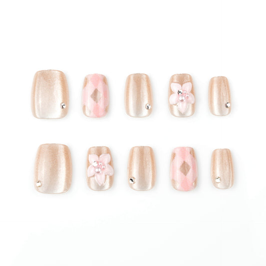 Elegant Garden Short Square Blush Pink with Floral Accents Press-On Nail Set