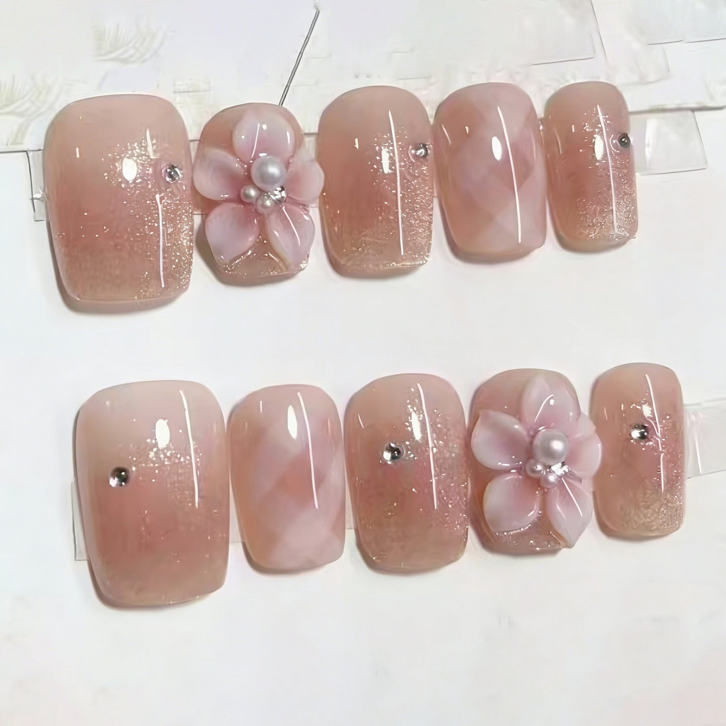 Blossom Elegance Short Square Blush Pink Press On Nail Set with Floral Accent and Gem Details