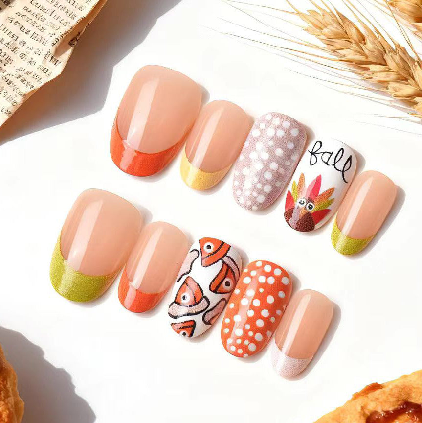 Autumn Vibes Short Oval Coral Accents with Whimsical Fall Designs Nail Set