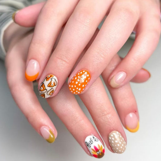 Autumn Vibes Short Oval Orange and Whimsical Design Press-On Nail Set