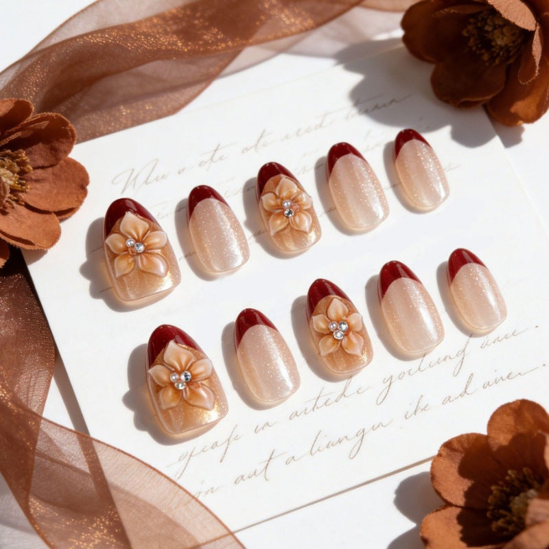 Elegant Floral Charm Short Almond Glittering Red and Beige Press on Nail Set
