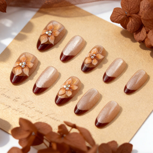 Autumn Blossom Elegant Short Almond Beige and Burgundy Floral Nail Set