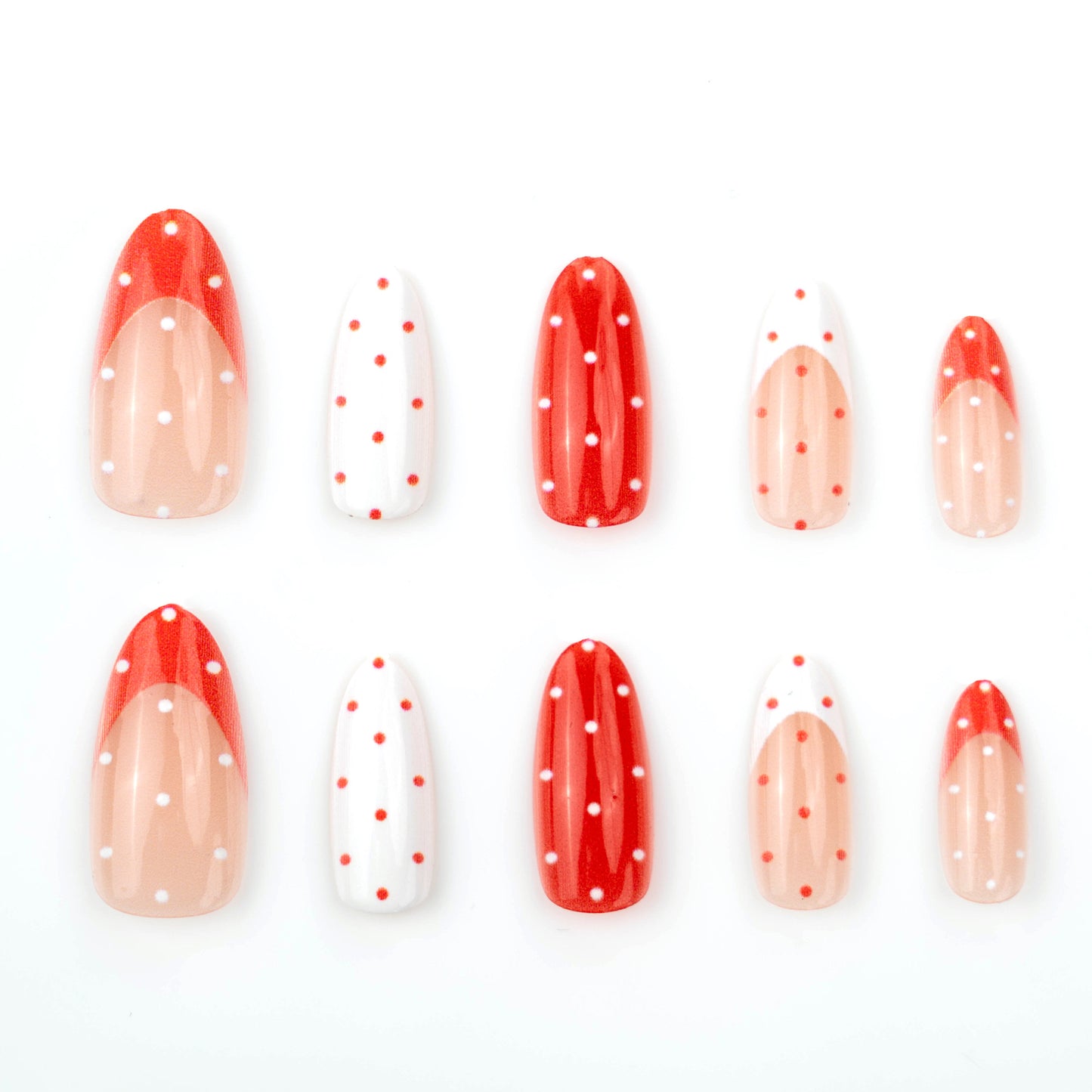 Whimsical Polka Dot Long Almond Red and White Nail Set with Glossy Finish