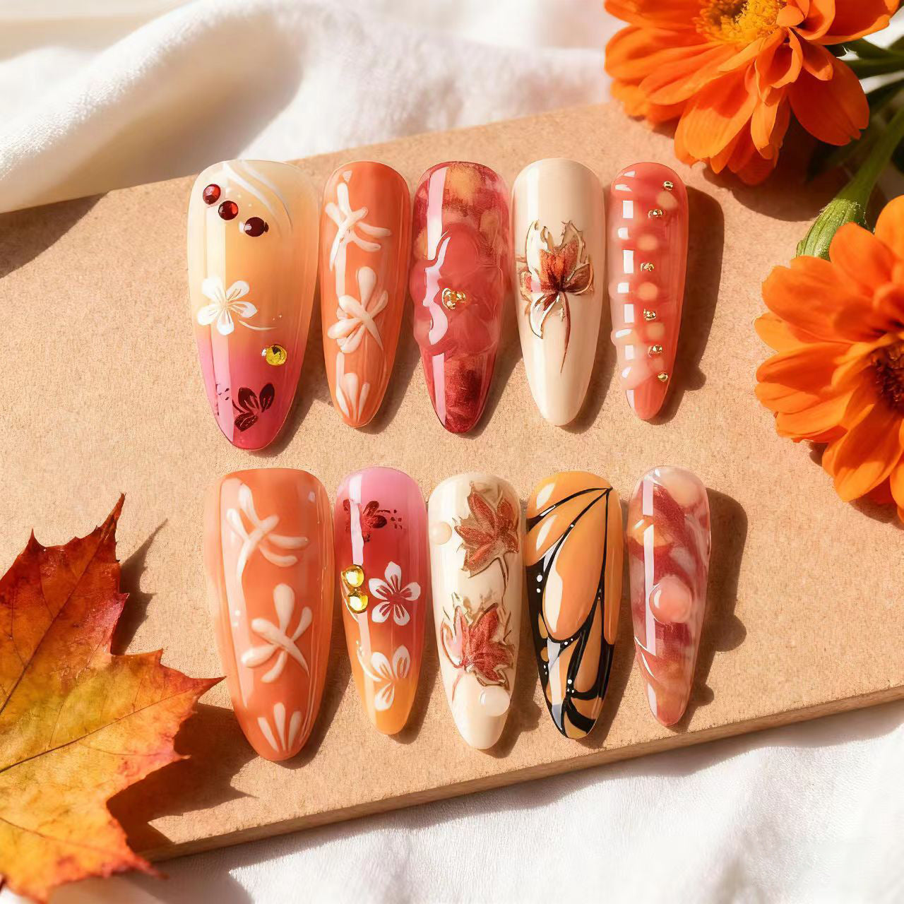 Autumn Elegance Long Almond Orange Floral Press On Nail Set with Glitter Accents