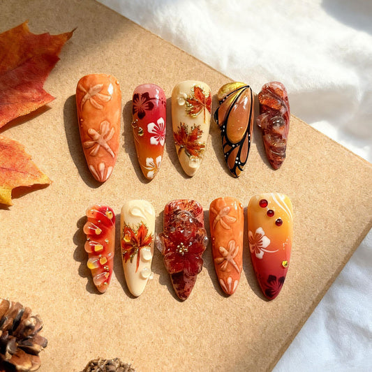 Autumn Elegance Long Stiletto Orange Floral Design Press On Nail Set