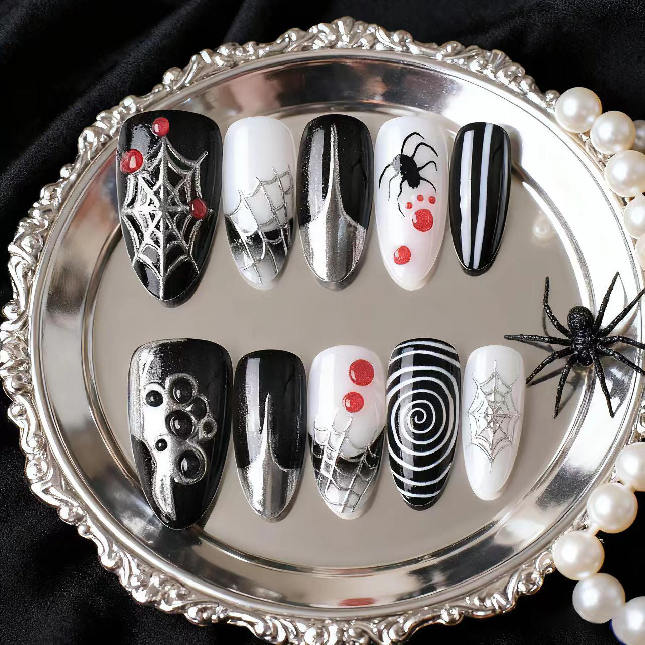 Spooky Elegance Medium Almond Black and White Spider Web Press On Nail Set