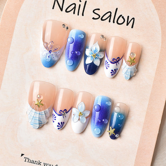 Tropical Bliss Medium Almond Blue Ombre Press on Nail Set with Floral Accents
