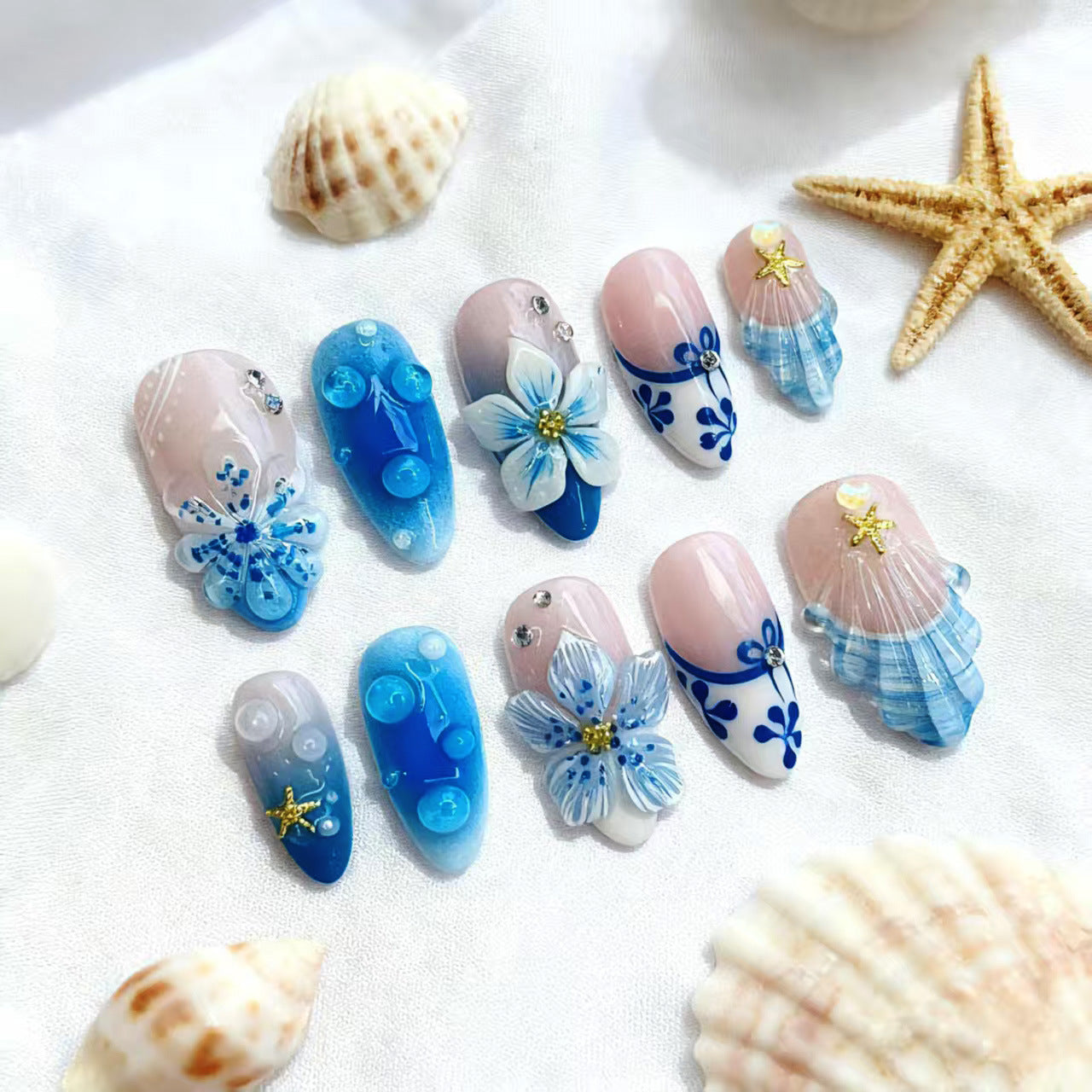 Coastal Bliss Medium Almond Blue Floral Design Press On Nail Set