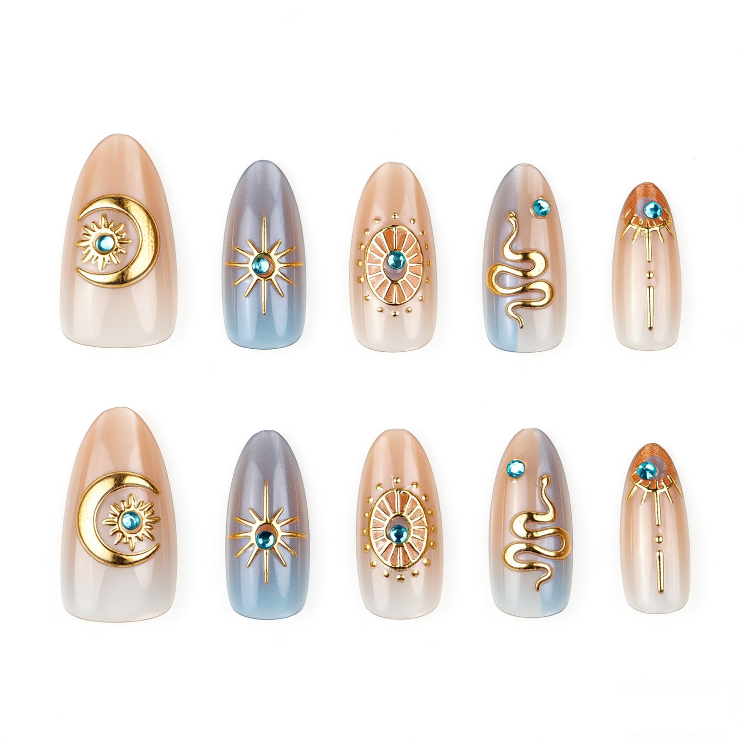 Celestial Charm Medium Almond Ombre with Gold Accents Press on Nail Set