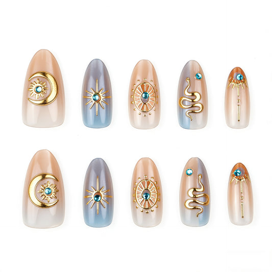 Celestial Charm Medium Almond Ombre with Gold Accents Press on Nail Set