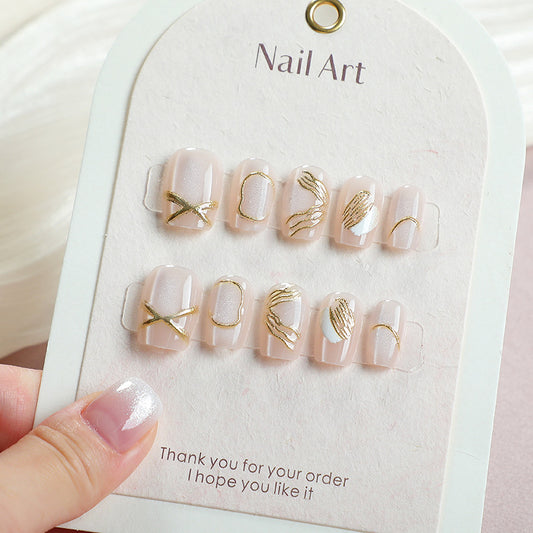 Elegant Chic Short Square Beige with Gold Designs Press-On Nail Set