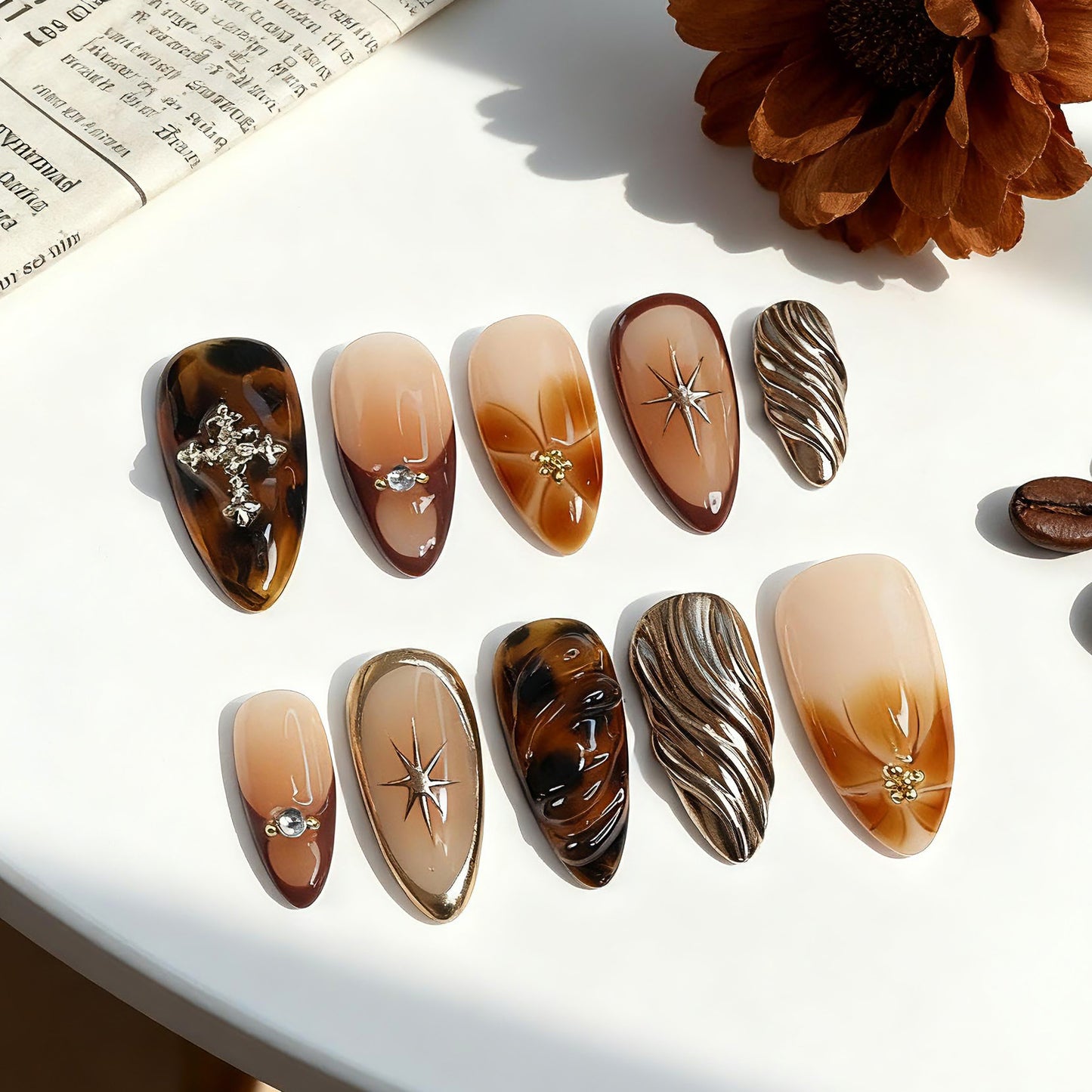 Coffee Inspired Medium Almond Brown Hued Glossy Press On Nail Set with Unique Metallic Accents