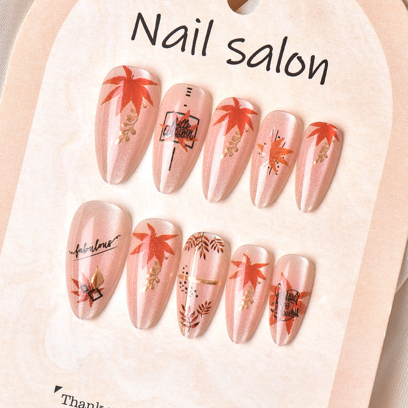 Autumn Vibes Long Almond Warm Peach with Maple Leaf Design Press On Nail Set