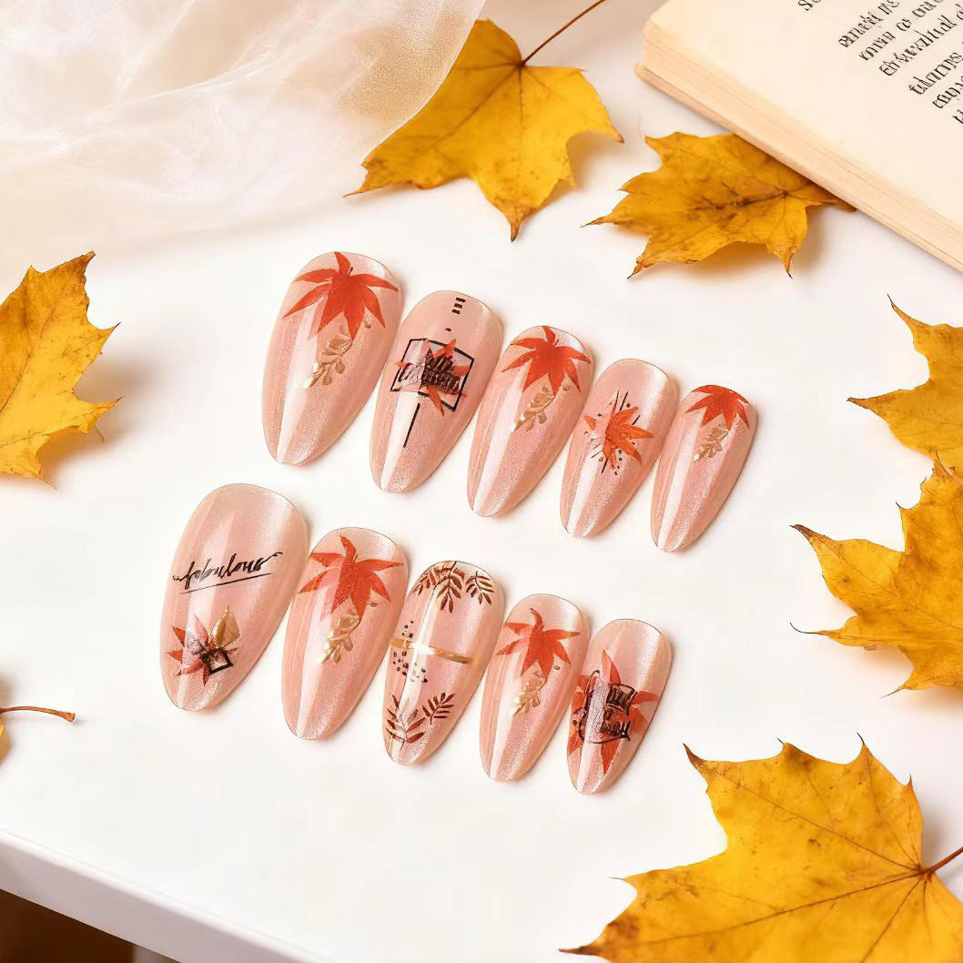 Autumn Elegance Long Almond Pink Press On Nail Set with Leaf Designs