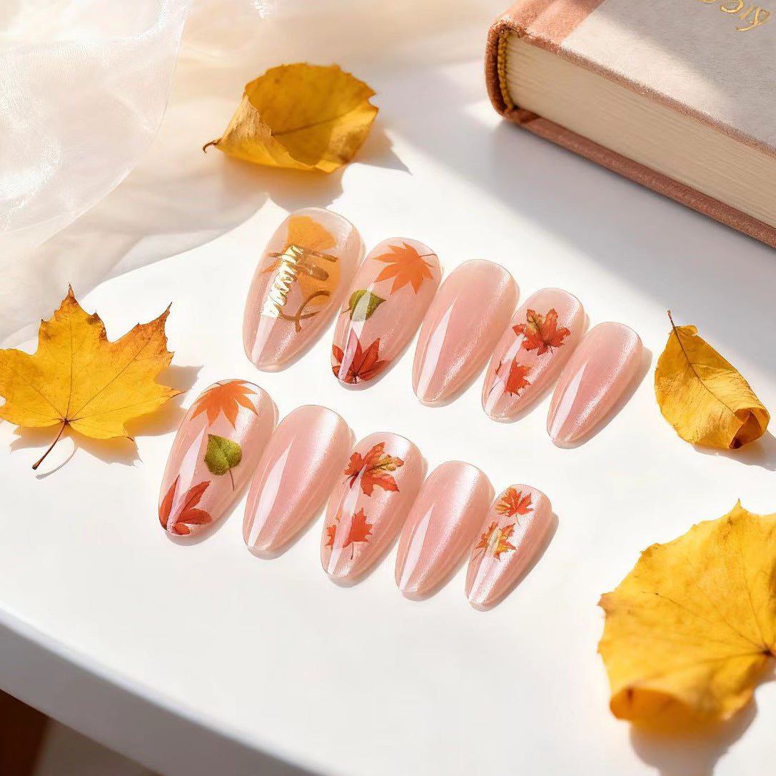 Autumn Elegance Long Almond Press On Nail Set with Floral Accents