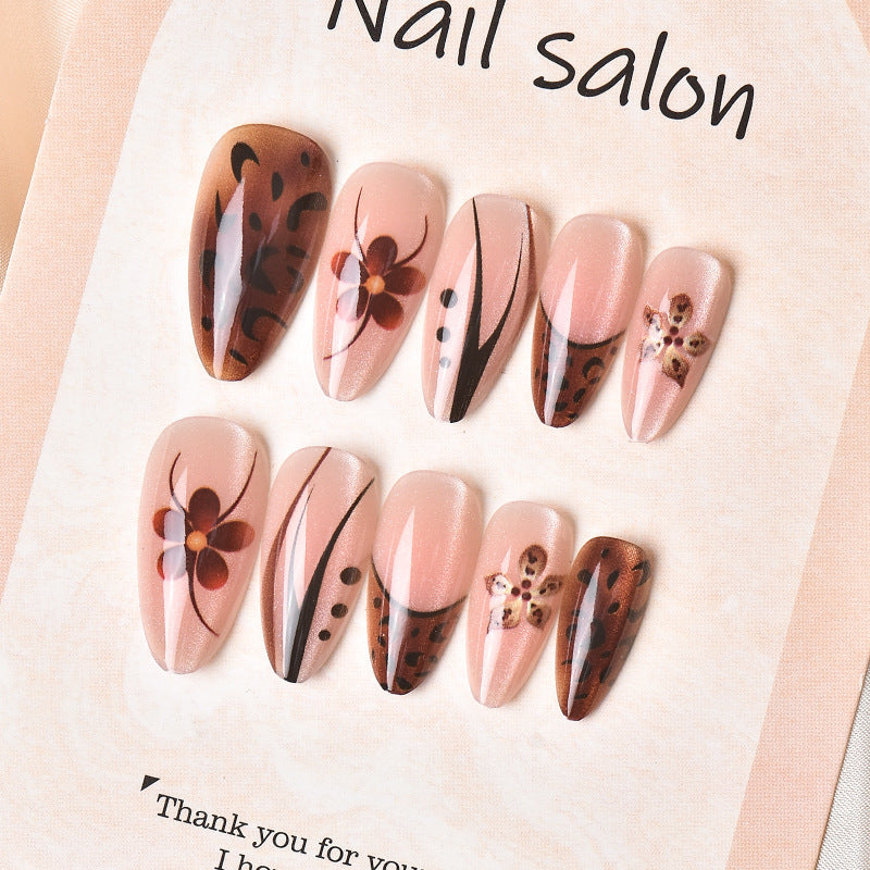 Bohemian Floral Design Long Almond Brownish Pink Press-On Nail Set