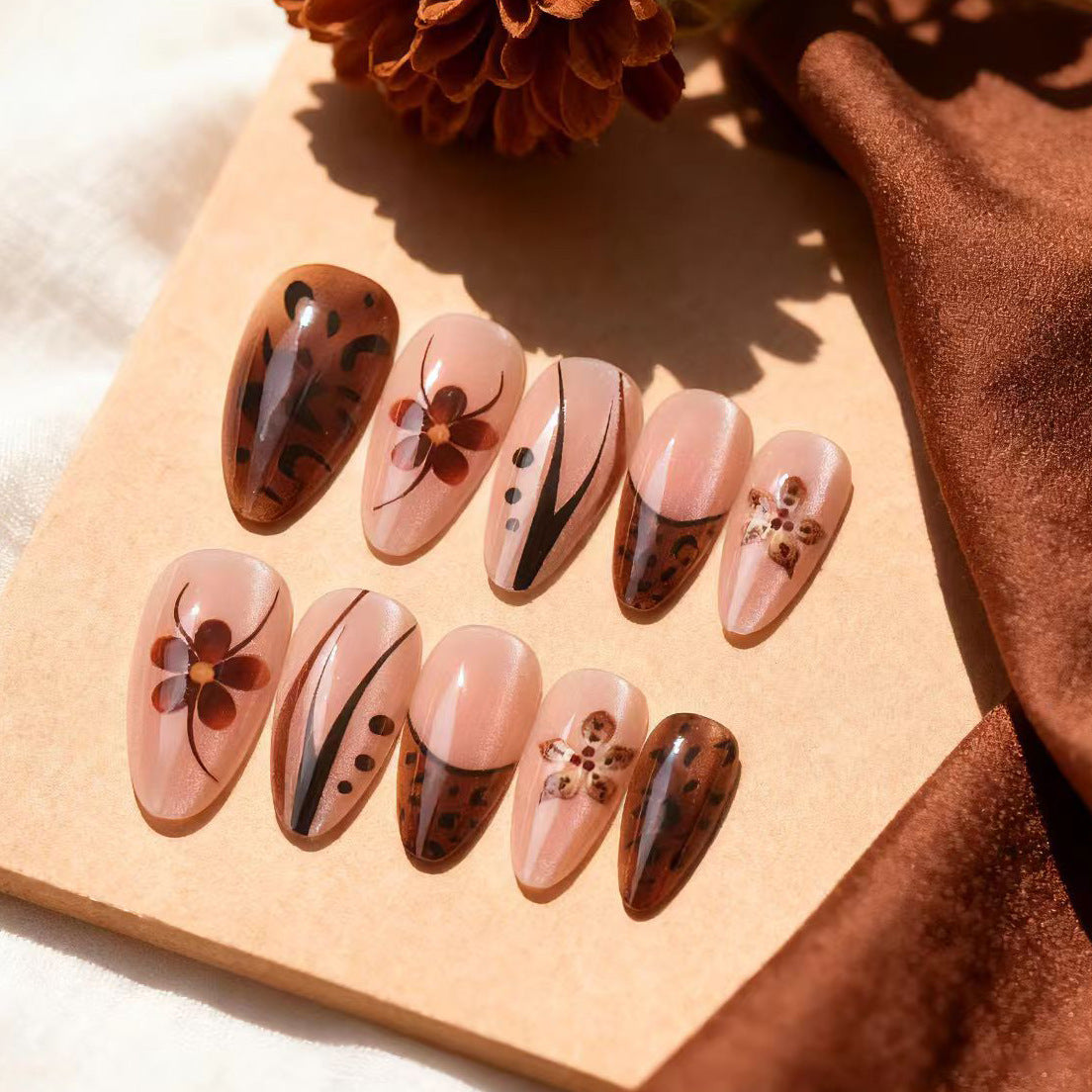 Boho Chic Long Almond Beige with Floral Accent Nail Set