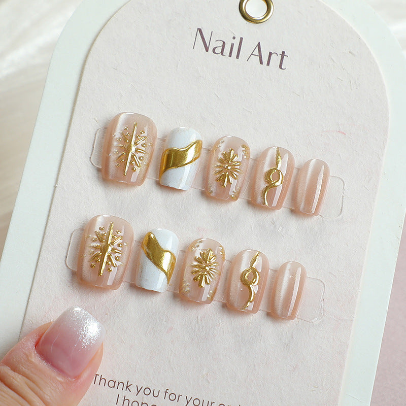 Elegant Gold Accents Short Square Beige Nail Set with Unique Metallic Design