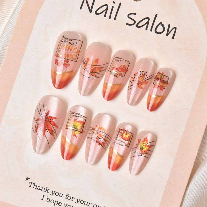 Autumn Inspired Long Almond Orange and Gold Leaf Press on Nail Set
