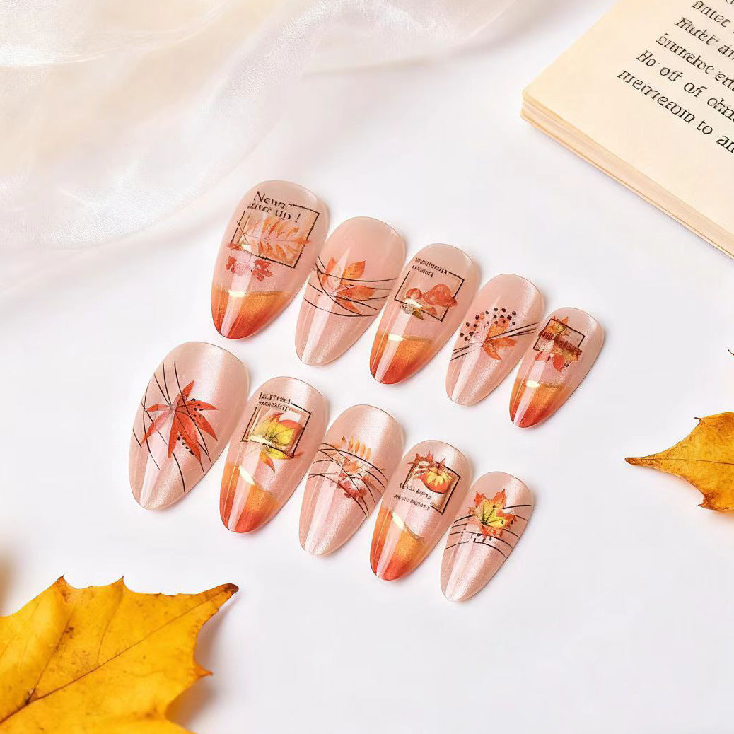 Autumn Inspired Long Almond Orange Gradient Press On Nail Set with Unique Leaf Designs