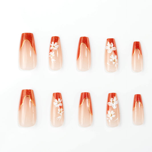 Autumn Blossom Long Coffin Peach with Floral Accent Press On Nail Set