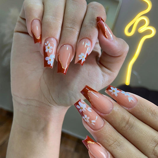 Charming Floral Design Long Coffin Red with Gold Accents Press on Nail Set