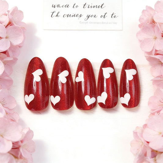 Romantic Heartfelt Medium Almond Red Press On Nail Set with Sparkling Glitter