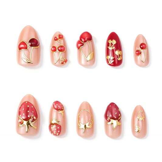 Cherry Blossom Fantasy Short Almond Red Berry Design Press On Nail Set
