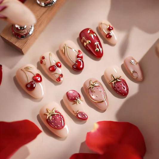 Cherry Blossom Charm Short Almond Red with Gold Accents Press On Nail Set