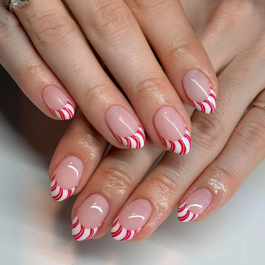 Festive Delight Short Almond Pink with Red Stripe Accent Press-On Nail Set