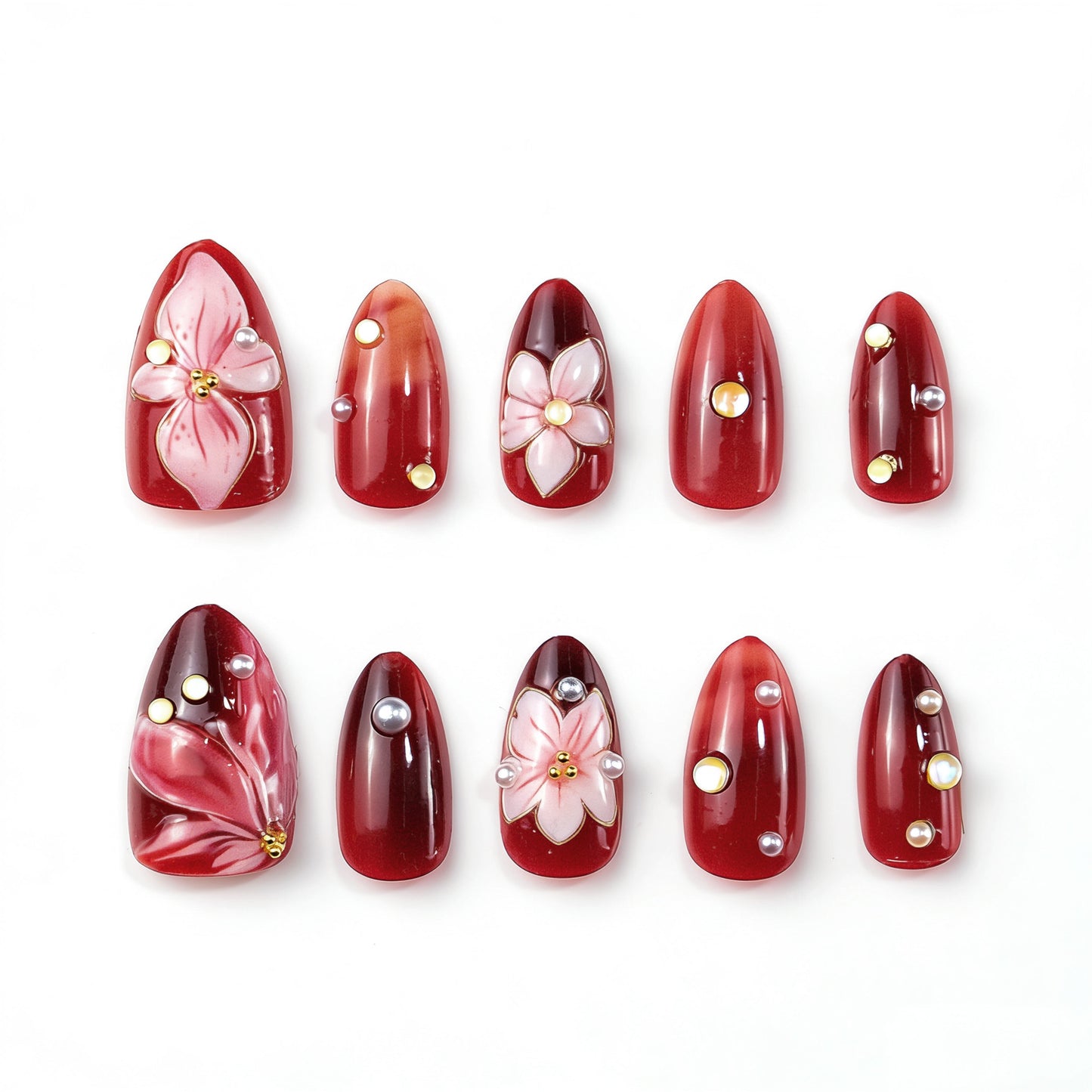 Blossoming Elegance Short Almond Red Floral Design Press On Nail Set