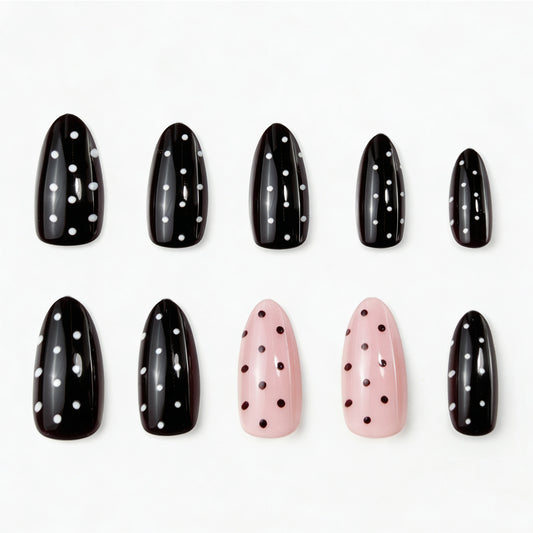 Chic Polka Dot Fantasy Medium Stiletto Black and Pink with Unique Design Press on Nail Set