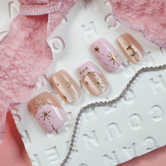 Celestial Dreaming Short Square Pink with Gold Star Accents Press On Nail Set
