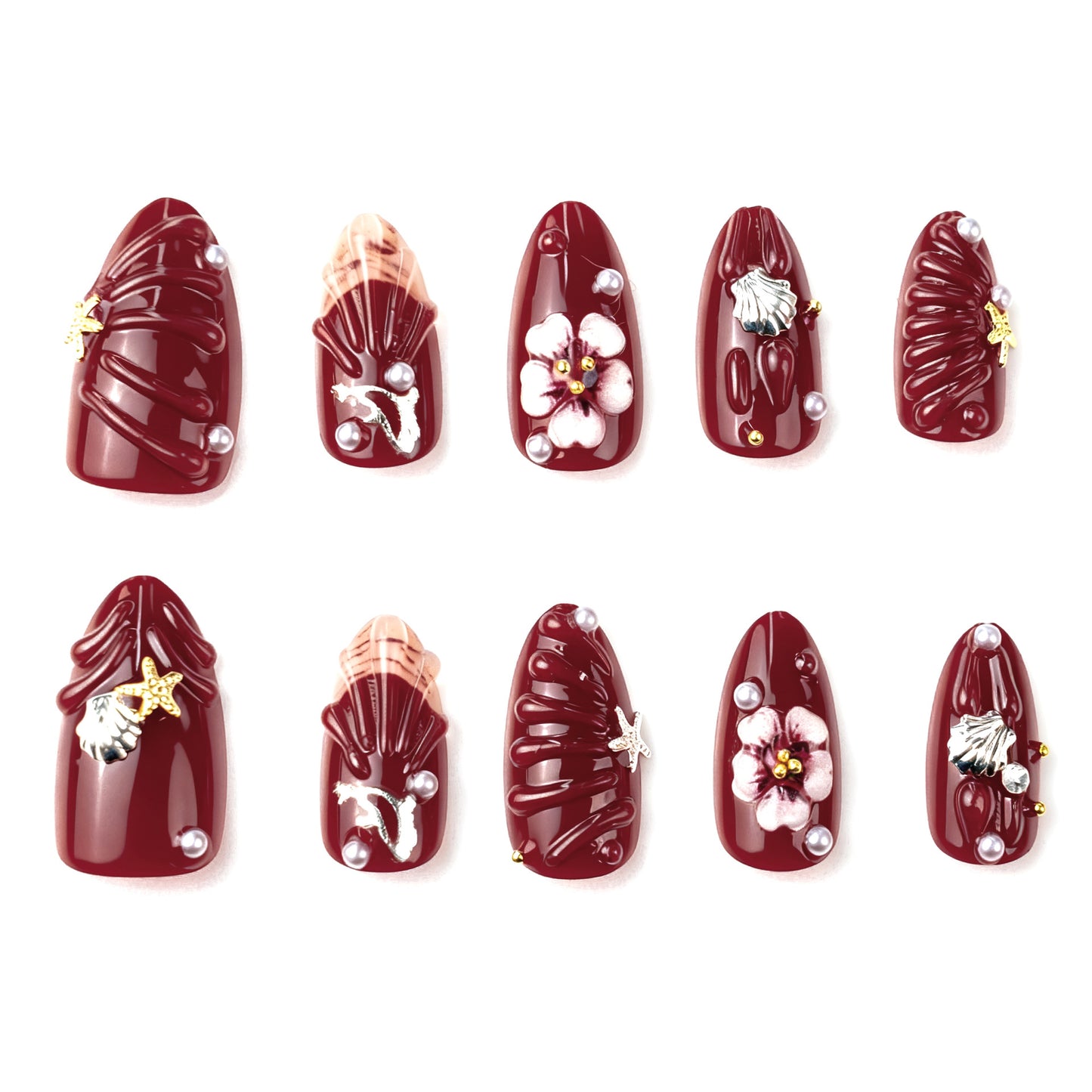Whimsical Oceanic Short Almond Burgundy Floral Press On Nail Set with Unique Pearl embellishments