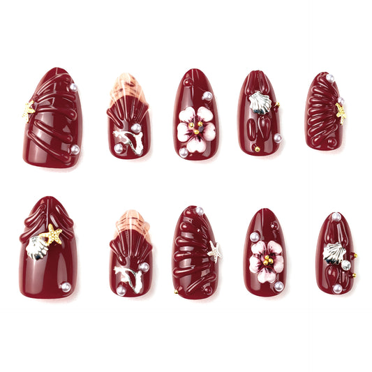 Whimsical Oceanic Short Almond Burgundy Floral Press On Nail Set with Unique Pearl embellishments