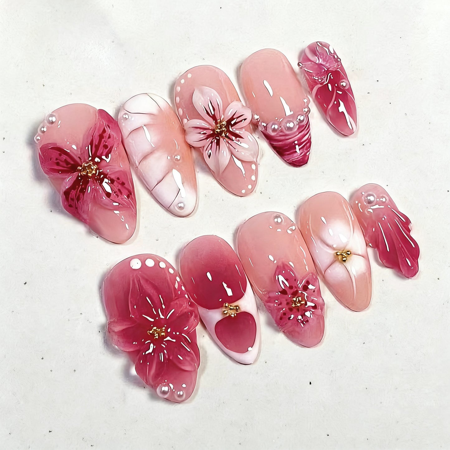 Blossom Beauty Medium Almond Pink Floral Press on Nail Set with Pearls