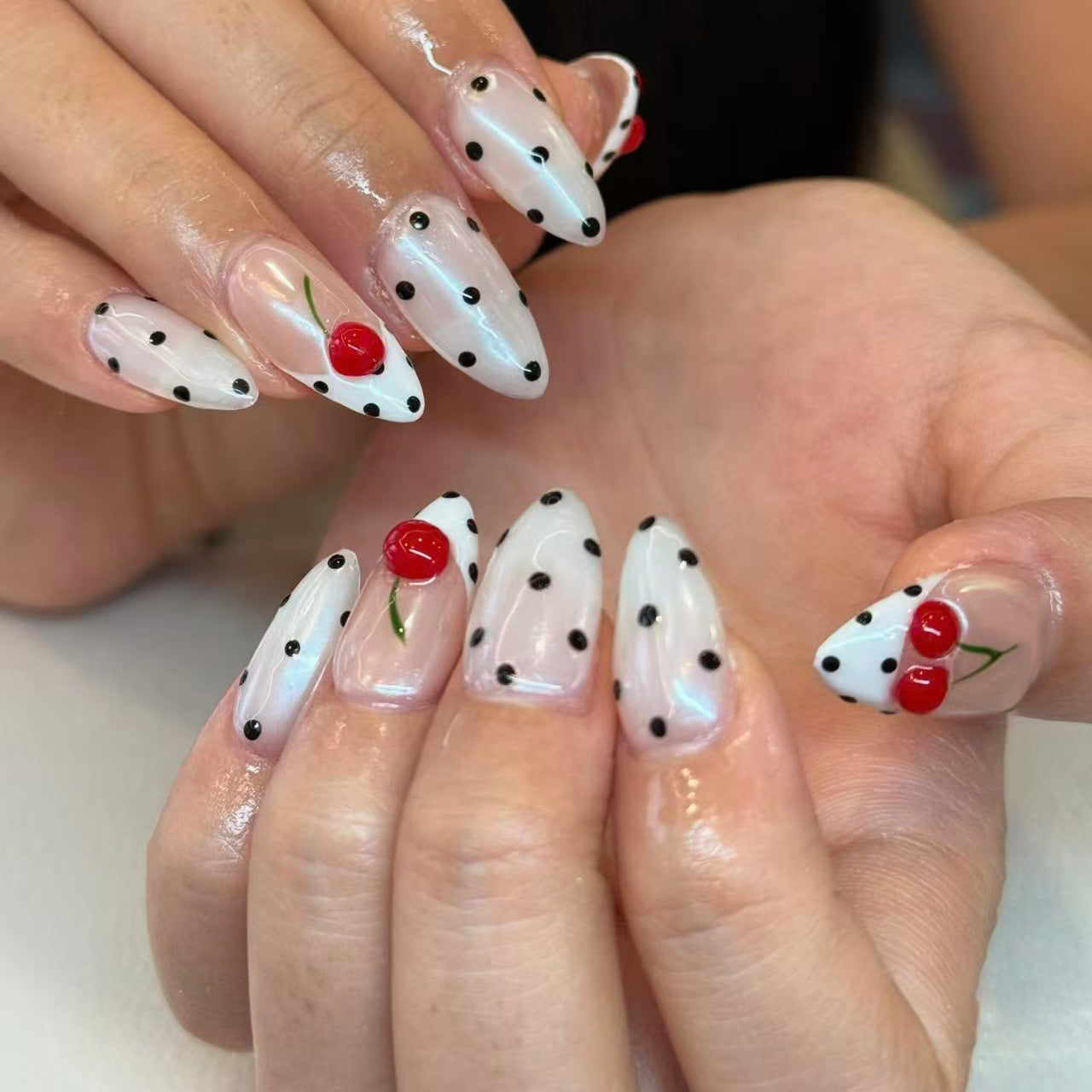 Cherry Blossom Delight Medium Almond White with Black Dots and Red Cherry Accents Press On Nail Set