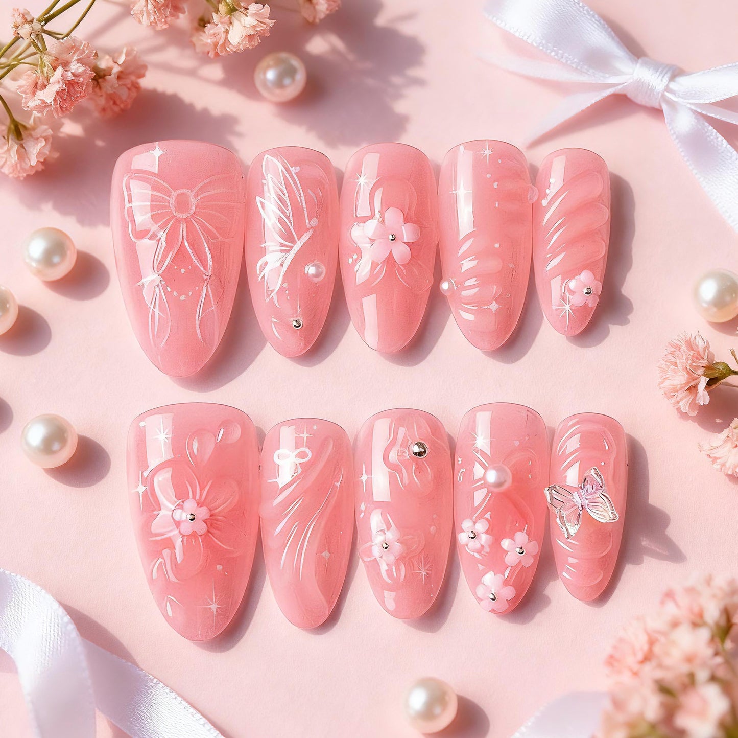 Dreamy Floral Medium Almond Pink Press-On Nail Set with Dazzling Rhinestone Accents