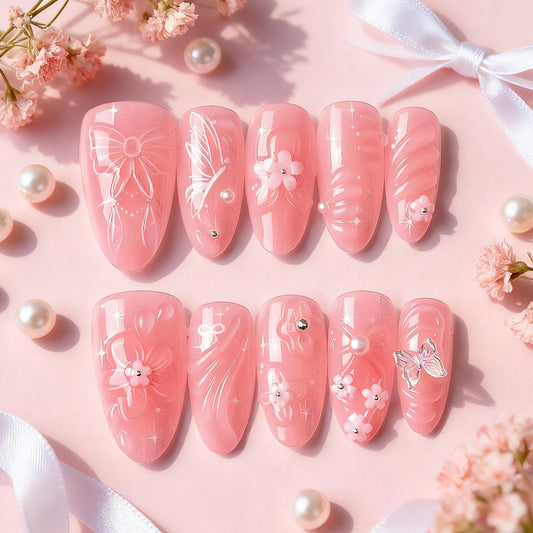 Dreamy Floral Medium Almond Pink Press-On Nail Set with Dazzling Rhinestone Accents