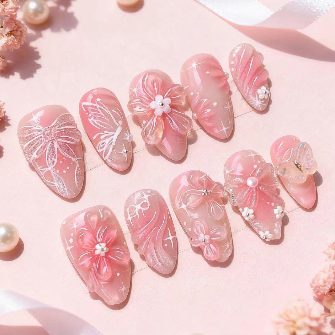 Delicate Floral Dream Medium Stiletto Pink Press on Nail Set with Glamorous Embellishments