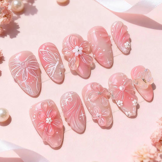 Delicate Floral Dream Medium Stiletto Pink Press on Nail Set with Glamorous Embellishments