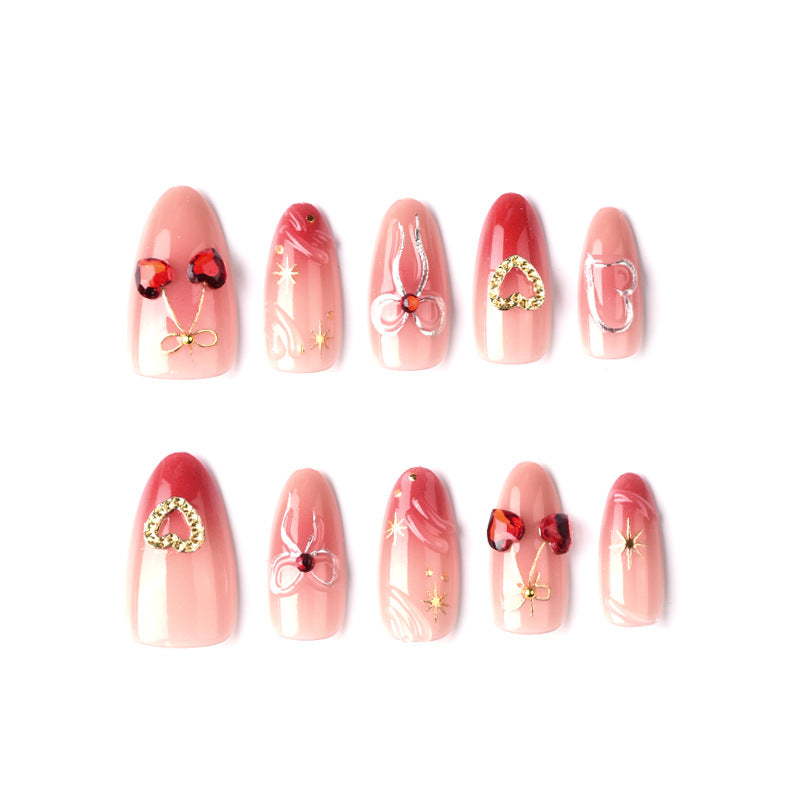 Romantic Dream Medium Almond Pink with Glittering Heart Details Press On Nail Set