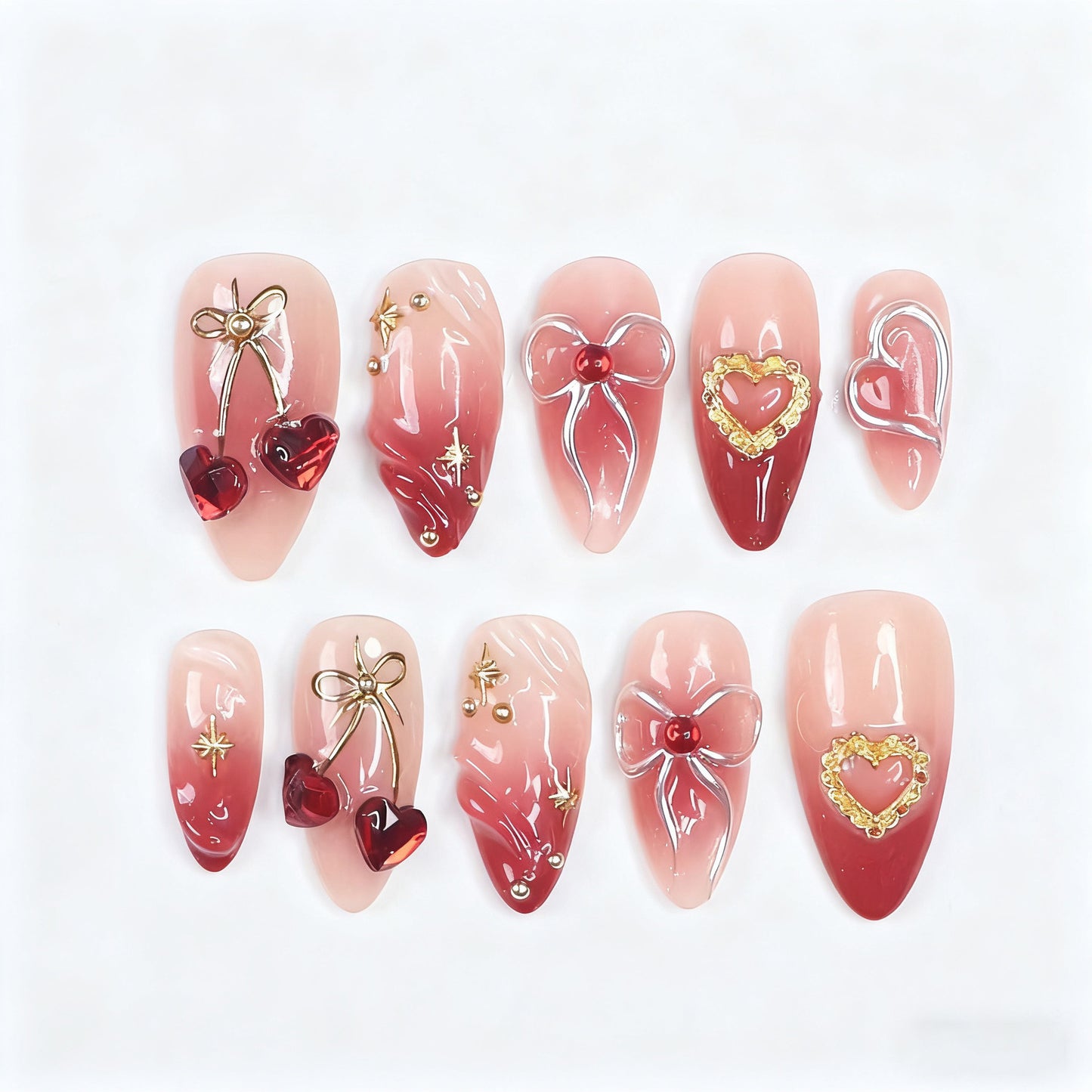 Charming Romance Long Almond Red Color with Heart Accessories Press on Nail Set