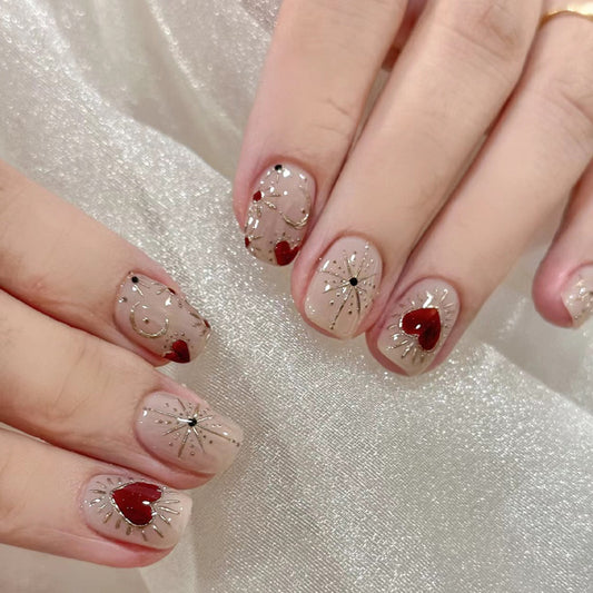 Romantic Glam Short Square Beige with Heart and Sparkle Design Nail Set