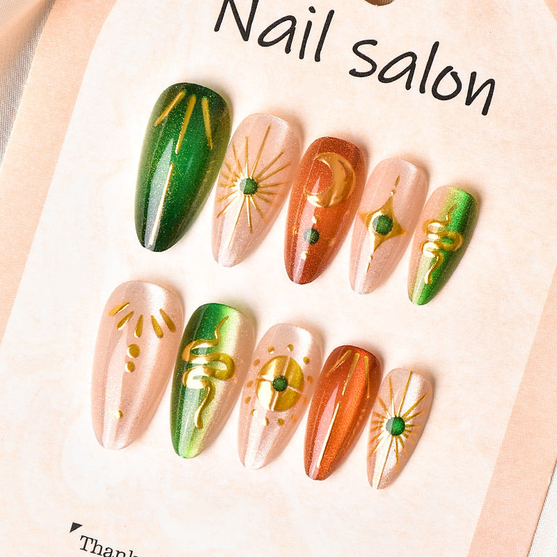 Celestial Glamour Long Stiletto Green and Gold Glitter Design Press On Nail Set